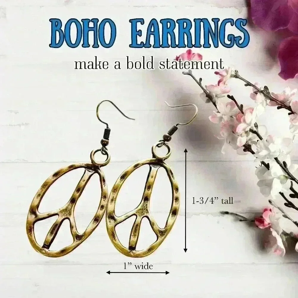 Peace sign hippie earrings hippy accessories bronze tone bohemian retro jewelry